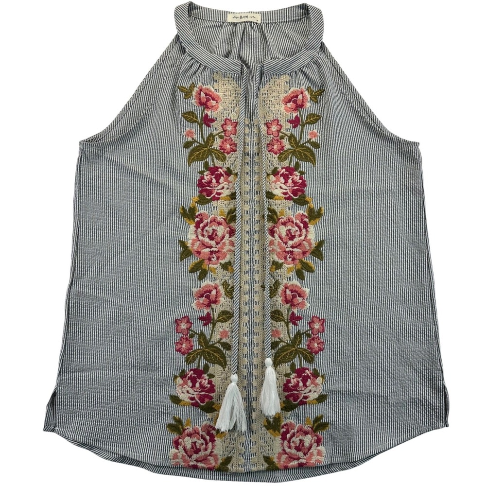 BAM Women Medium Blue White Seersucker Floral Embroidered Tassel Halter Top Boho